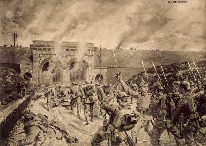 1914年10月12日、リールのポルトドゥドゥエーを攻撃するドイツ軍 作： ドイツ語学校