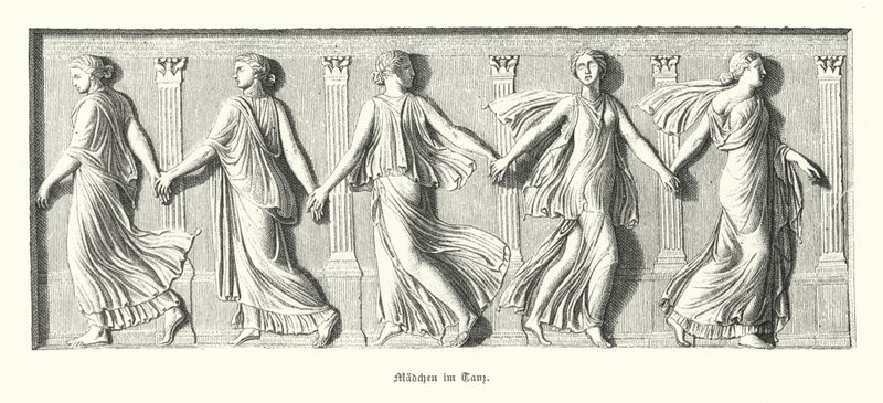踊る少女たち、古代ギリシャ（エングレービング 作： ドイツ語学校