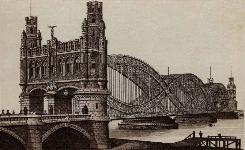 ハンブルグNeue Elb-Brucke, エルベ川にかかる新しい橋（リトグラフ版 作： ドイツ語学校