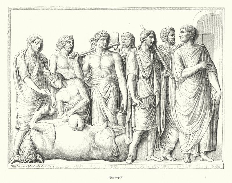 古代ローマで犠牲になった動物の内臓を調べるHaruspex（彫刻 作： ドイツ語学校