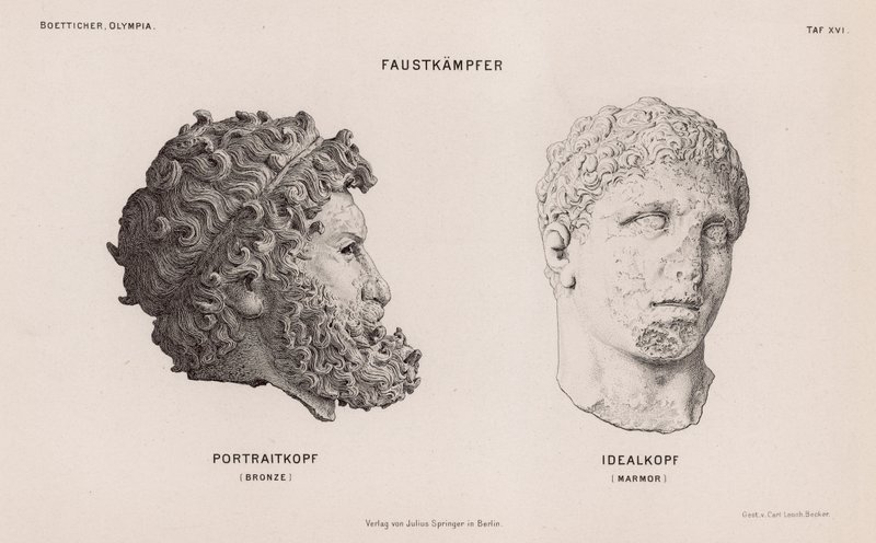 ギリシャのオリンピアで発掘されたボクサー像の頭部（エングレービング 作： ドイツ語学校