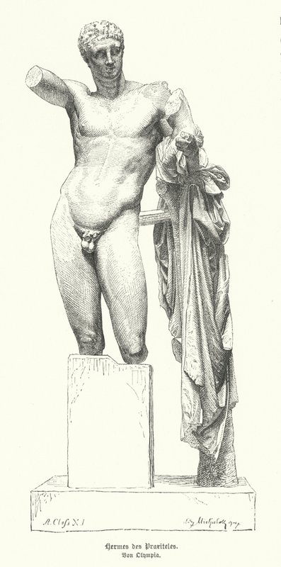 オリンピアのヘラ神殿跡で発見された古代ギリシャの彫刻家、プラクシテレスによる「ヘルメスと幼いディオニュソス」像（彫刻作品 作： ドイツ語学校