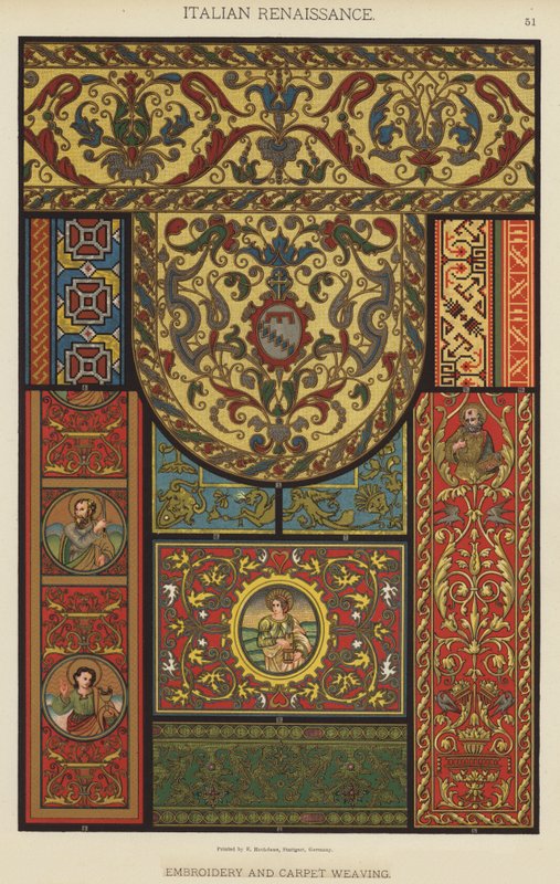 イタリア・ルネッサンス、刺繍と絨毯の織り方（カラーリトグラフ 作： ドイツ語学校