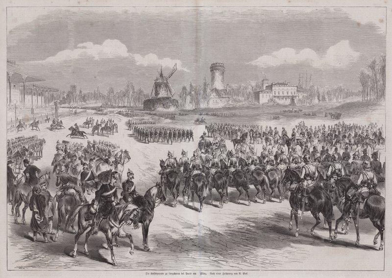 1871年3月、フランス・パリのロンシャンで軍隊のパレードを見守るドイツのカイザー・ウィルヘルム1世（エングレービング 作： ドイツ語学校