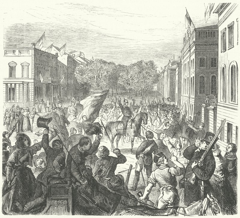 1848年3月21日、暴動で死亡した民間人の大規模な葬儀に出席するため、ベルリン大学の前を走るプロイセン王フリードリヒ・ウィリアム4世（エングレーヴィング）。 作： ドイツ語学校