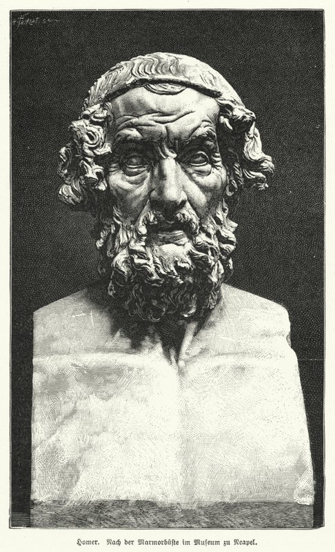 古代ギリシャの詩人、ホメロスの大理石の胸像（リトグラフ 作： ドイツ語学校