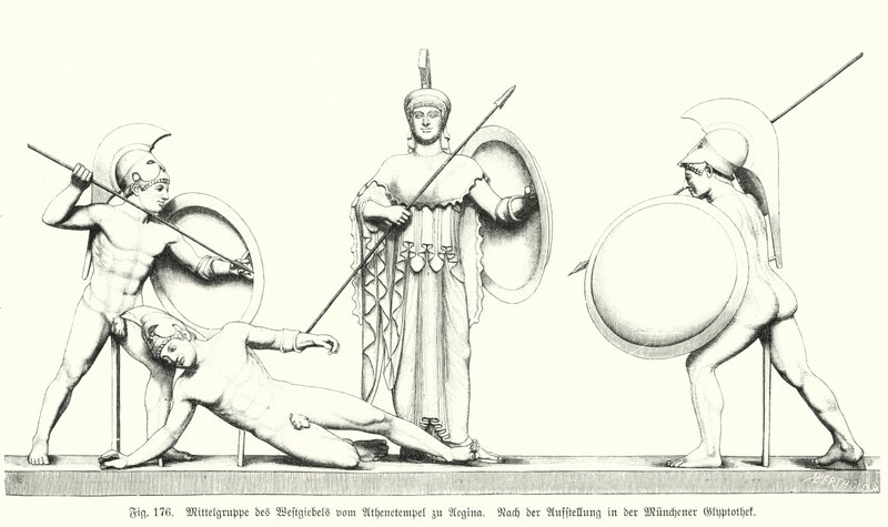 エギナ島にある古代ギリシャのアテナ神殿の西ペディメントからの中群（エングレーヴィング 作： ドイツ語学校