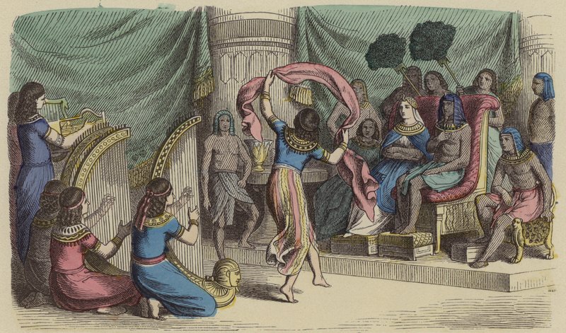 古代エジプトのファラオの前で演奏する音楽家と踊り子（彩色済み彫刻 作： ドイツ語学校