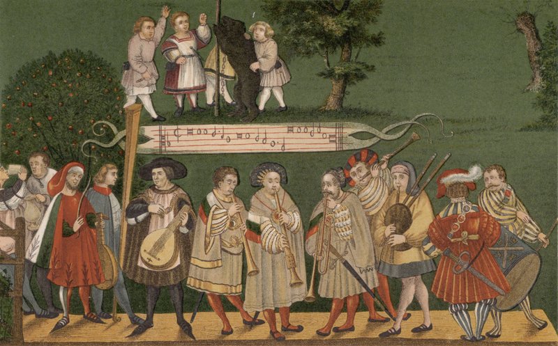 1520年、ゲシュレヒタータンツのダンサーのために演奏するドイツのアウクスブルク出身のミュージシャン 作： ドイツ語学校