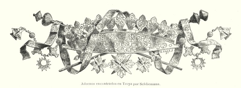 ドイツの考古学者ハインリッヒ・シュリーマンが古代トロイ遺跡を発掘した際に発見した装飾品(リトグラフ) 作： ドイツ語学校