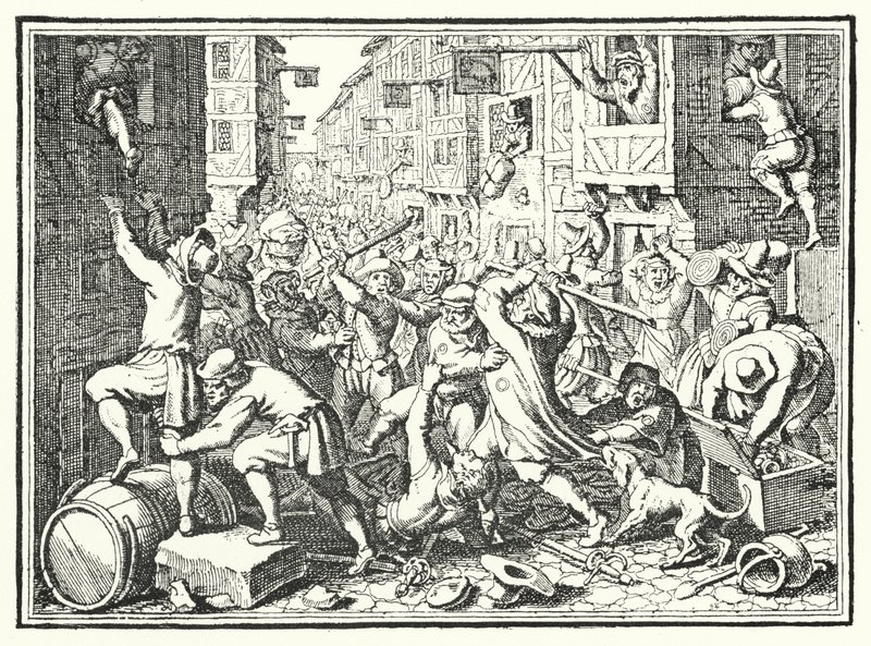 1614年のフェットミルチライジングでのフランクフルトのユダヤ人ゲットー、ユデンガッセの略奪 作： ドイツ語学校