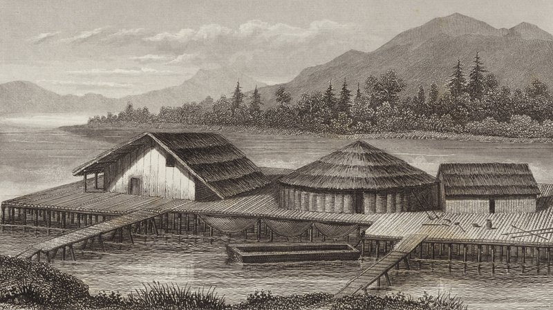 古代の湖の村の復元。ビルダーアトラスのためのイラスト（彫刻 作： ドイツ語学校