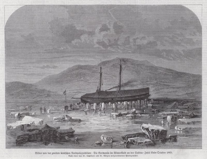 グリーンランド東海岸のサビーン島にいるスクーナー・ゲルマニア（第2次ドイツ北極遠征、1869年10月下旬）（彫刻 作： ドイツ語学校