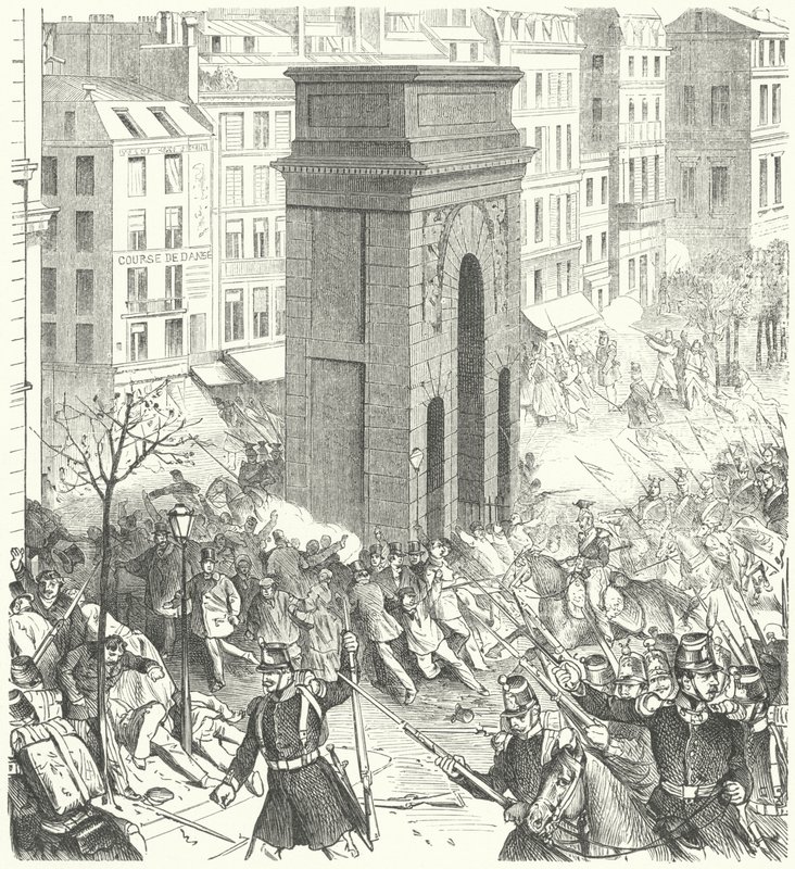 1851年12月のフランスのクーデターの際のパリの街頭での兵士たち(エングレービング) 作： ドイツ語学校