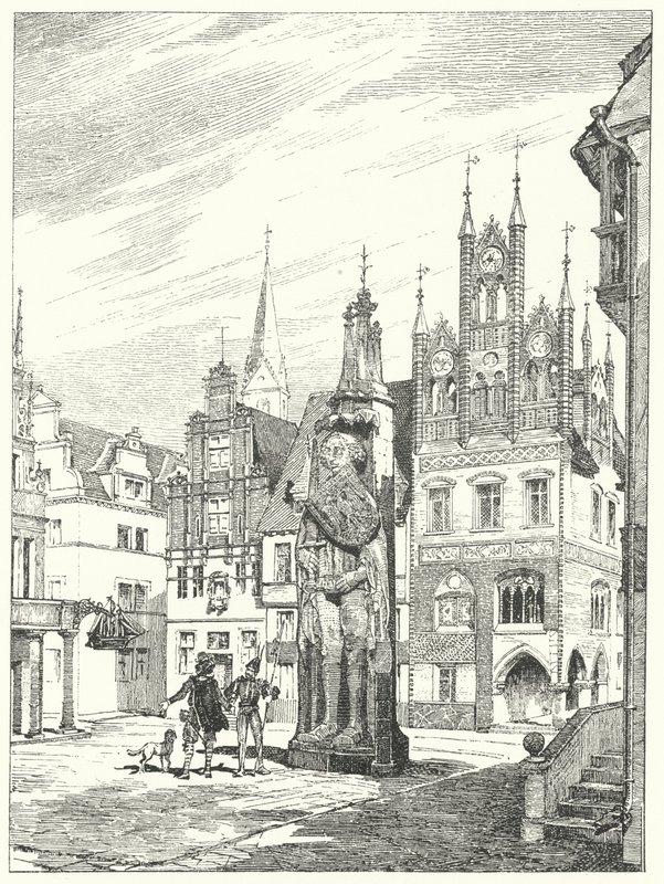 1404年にドイツ・ブレーメンの大聖堂に向かって建立されたローランド像（彫刻作品 作： ドイツ語学校