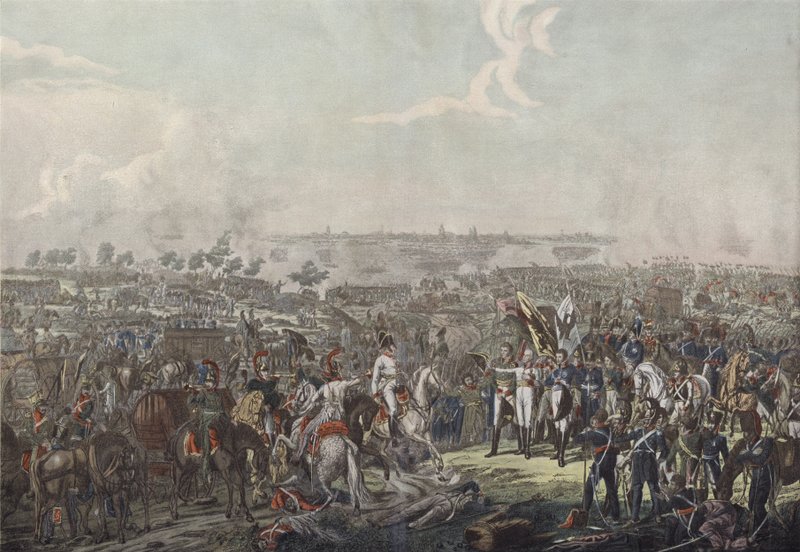 1813年10月18日の夕方にライプツィヒの戦いで勝利したというニュースを連合国の主権者にもたらすシュヴァルツェンベルクの王子 作： ドイツ語学校