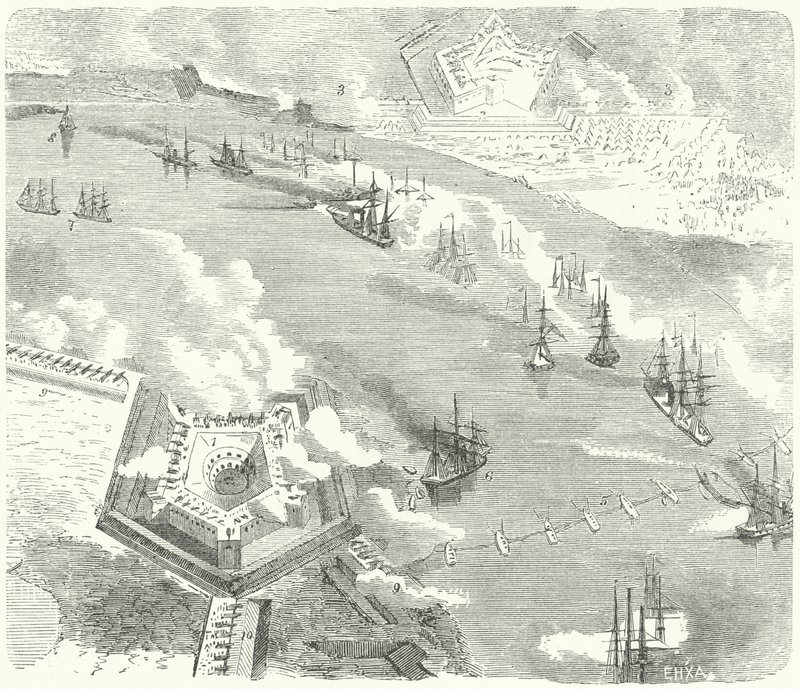 1862年のアメリカ南北戦争、ルイジアナ州フォートジャクソンとフォートフィリップを攻撃する北軍艦隊 作： ドイツ語学校