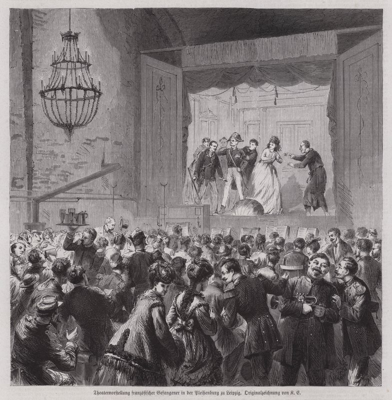 ドイツ・ライプツィヒのプレイセンブルグで行われた普仏戦争のフランス人捕虜による演劇公演（エングレーヴィング 作： ドイツ語学校