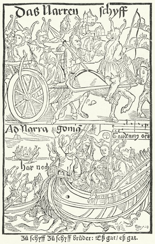1491年にバーゼルでJohann Bergmann von Olpeによって印刷されたSebastian Brantの「Ship of Fools」の初版のタイトルページ（エングレーヴィング）。 作： ドイツ語学校