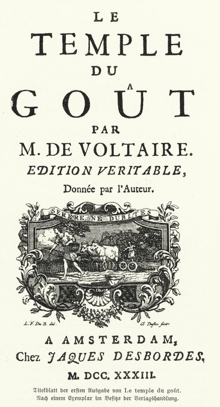 フランスの作家・哲学者ヴォルテールの『Le Temple du Gout』初版のタイトルページ 作： ドイツ語学校