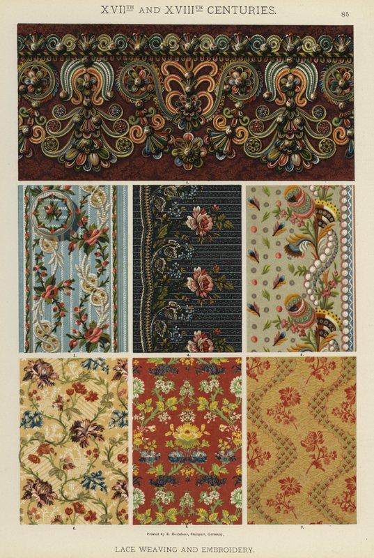 XVII、XVIII世紀、レースの織りと刺繍（カラーリトグラフ 作： ドイツ語学校