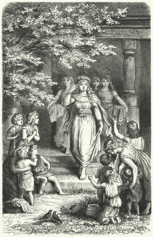 Eostre(Ostara)の祭りを祝うために花輪をつけたドイツの若い女性たち(彫刻) 作： ドイツ語学校