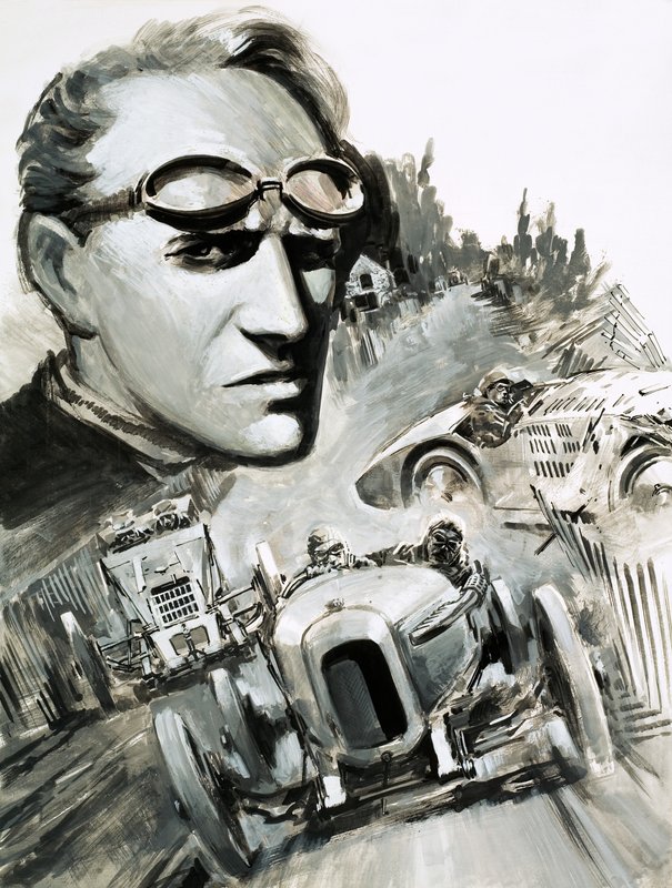 時速200マイルの壁を初めて破ったヘンリー・セグレイブ（紙にガッシュ画） 作： グラハム・コトン