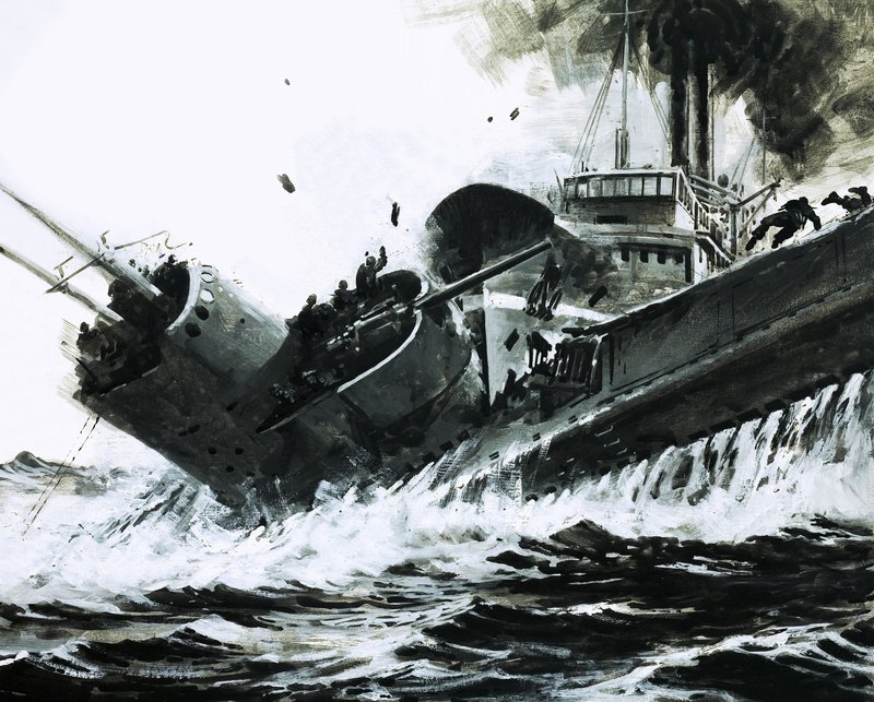 1930年の中国海で、2,000トンの汽船「裕太」が潜水艦「ポセイドン」の側面に衝突した。 作： グラハム・コトン