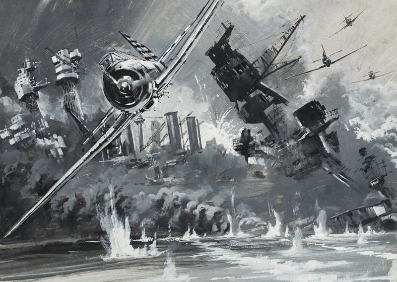 真珠湾、1941年12月7日（紙にガッシュ） 作： グラハム・コトン