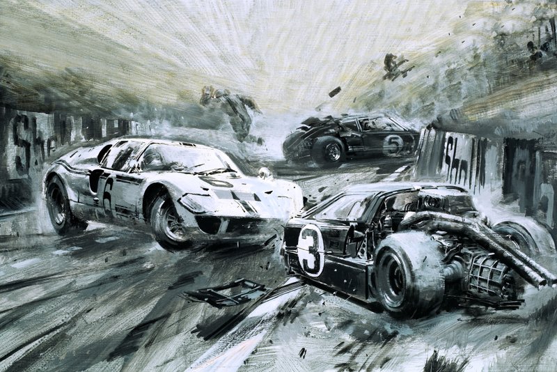 1967年のル・マン・レース（紙にグワッシュ） 作： グラハム・コトン