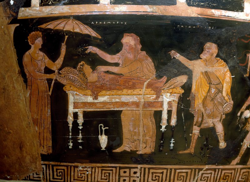 ヒスパノ・ムーアの壺  17 世紀 ギリシャ美術：アルケモロスの壺：アルケモロス（オフェルテス）の葬儀