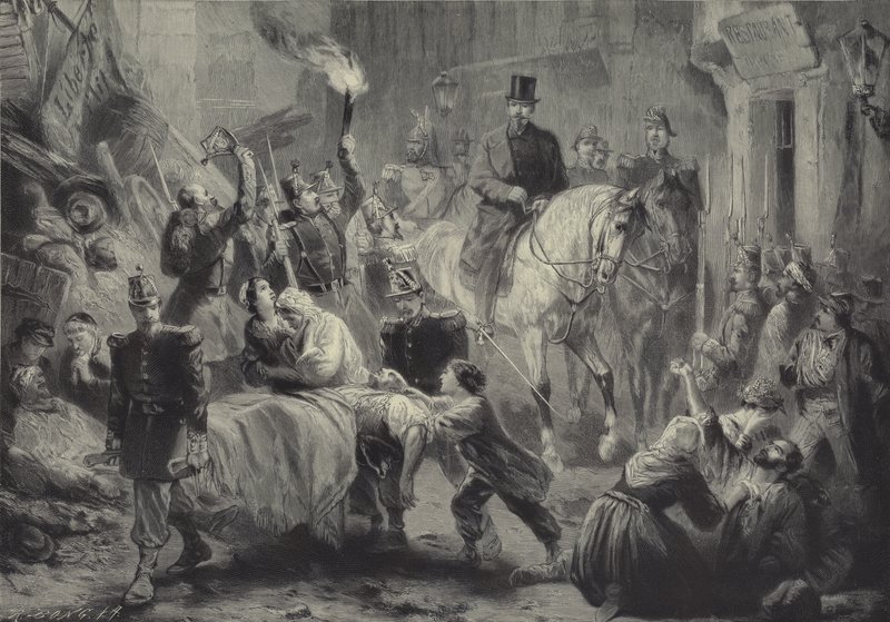 1851年12月3日の夜にパリのバリケードを馬に乗って訪れたルイナポレオン 作： グスタフ・バルチュ