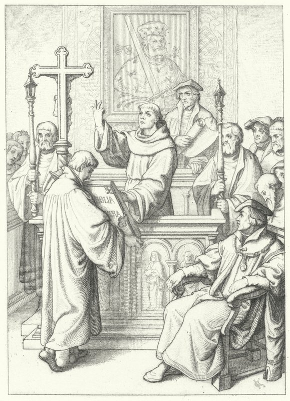 1512年にヴィッテンベルク大学でAndreas Karlstadtから博士号を授与されたMartin Luther 作： グスタフ・フェルディナンド・レオポルド・ケーニッヒ