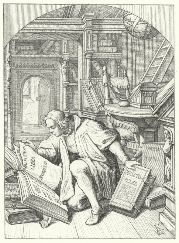 エアフルト大学の図書館でラテン語の聖書を発見したマルティン・ルター（エングレービング 作： グスタフ・フェルディナンド・レオポルド・ケーニッヒ