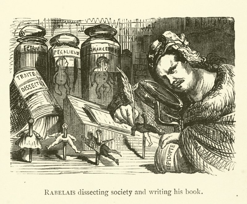 Rabelaisは社会を分析して彼の本を書いています 作： ドレ後のギュスターヴ