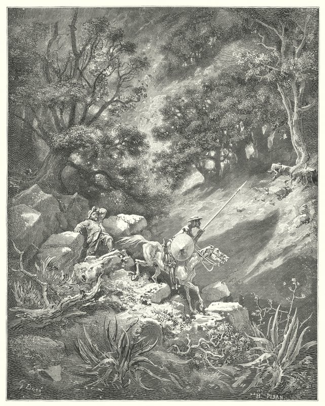 Gustave Dores Don Quixote: "でも、お願いします、先生。" Quoth Sancho, "この岩だらけの荒野で、茂みや荊を乗り越えて、上下にさまよい歩くことが、騎士道の良い掟なのでしょうか？"(エングレービング) 作： ギュスターヴ・ドレ