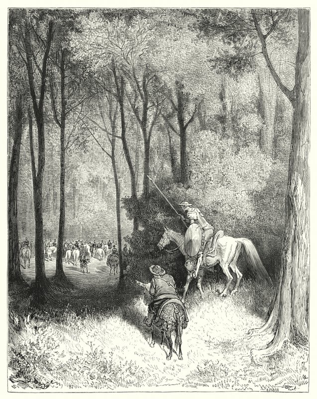 Gustave Dores Don Quixote: "Don Quixoteは一団を見て、近くで見ると質の良い人たちだと判断した"(エングレーヴィング) 作： ギュスターヴ・ドレ
