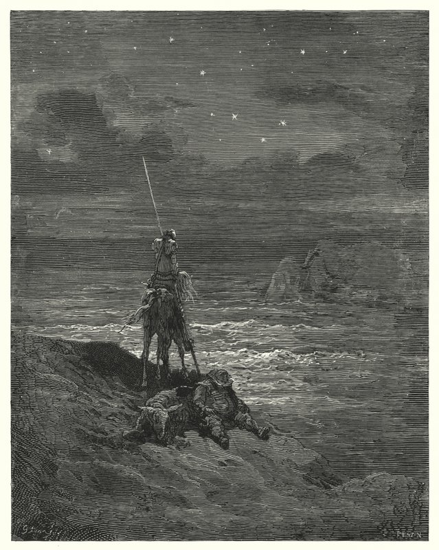 Gustave Dores Don Quixote: "Don Quixote stayed there, waiting the appraoch of the day" (e.g. engraving) 作： ギュスターヴ・ドレ