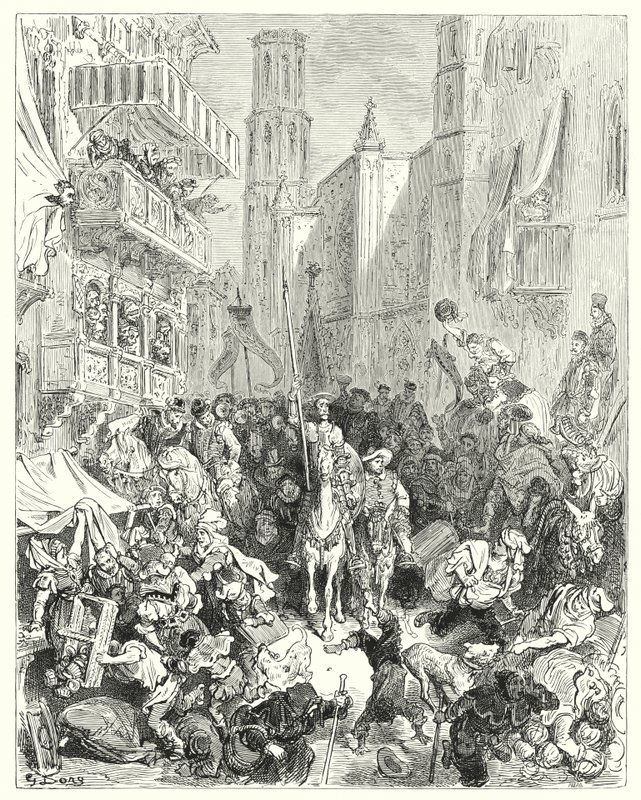 Gustave Dores Don Quixote: "Enclosing him in the middle of their brigade, they conduct him towards the city" (e.g. engraving) 作： ギュスターヴ・ドレ