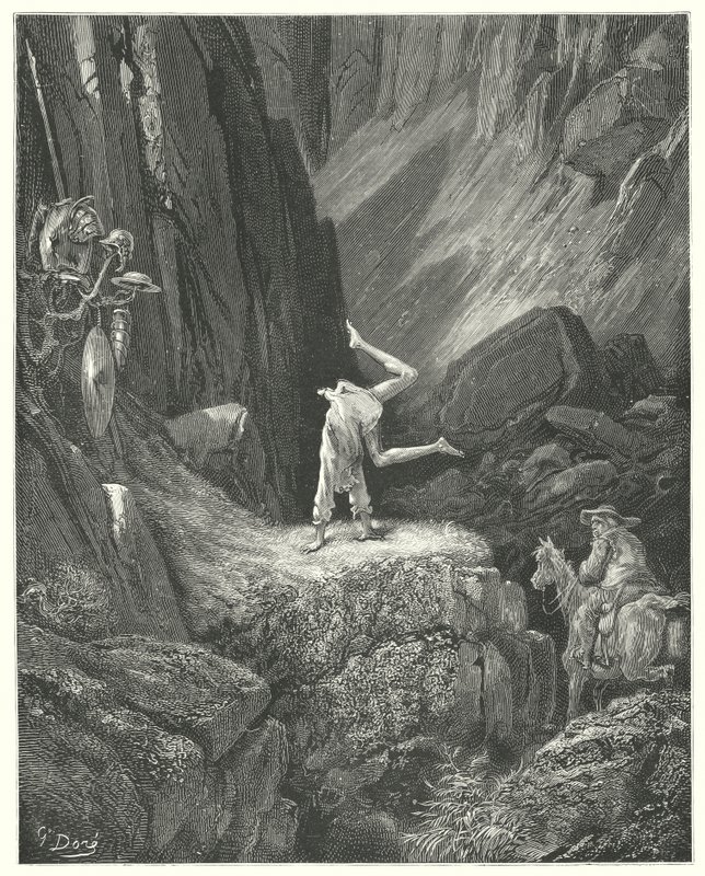 Gustave Dores Don Quixote: "He gave two or three frisks in the air, and then pitching on his hands, heels over his head twice together" (e.g. engraving) 作： ギュスターヴ・ドレ