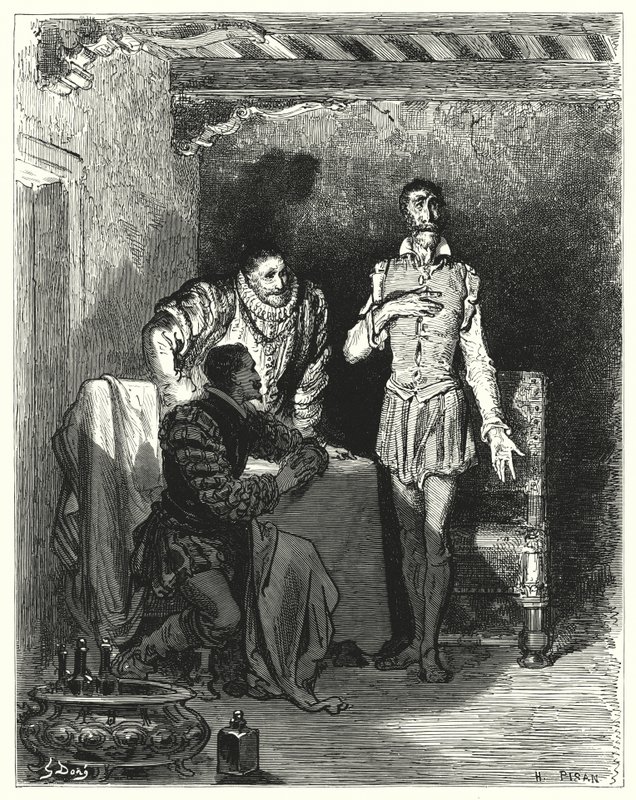 Gustave Dores Don Quixote: "彼は紳士たちに、彼女が魔法にかけられたという一部始終を話した"(エングレーヴィング) 作： ギュスターヴ・ドレ