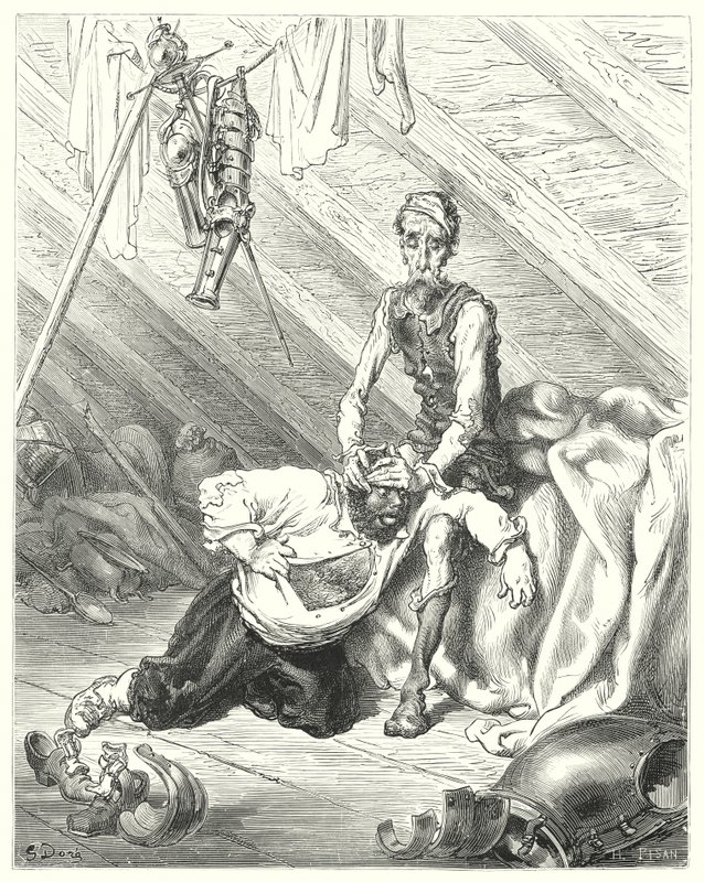 Gustave Dores Don Quixote: "He verily believed his last hour was come" (e.g. engraving) 作： ギュスターヴ・ドレ