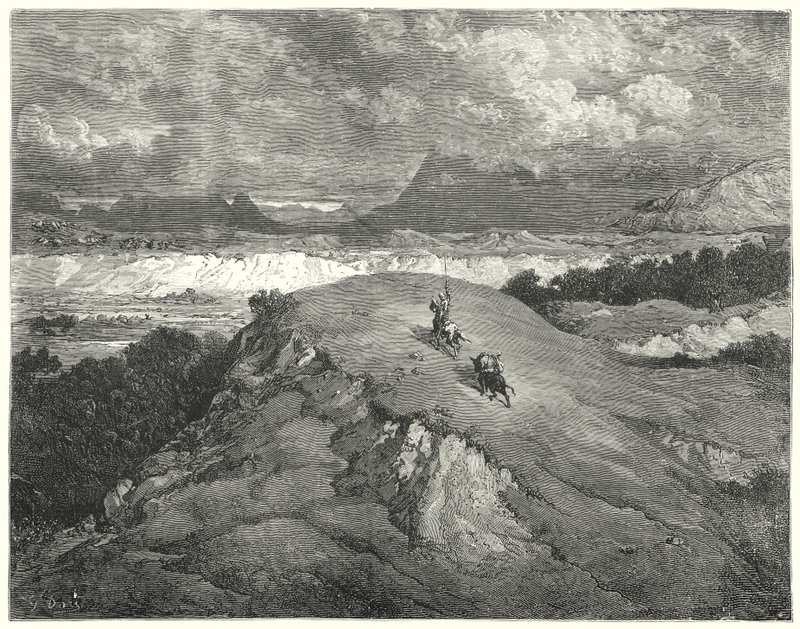 グスタフ・ドーレス ドン・キホーテ：「二人の旅人が山の最も砂漠の部分にたどり着く前に夜になっていた」（エングレービング 作： ギュスターヴ・ドレ
