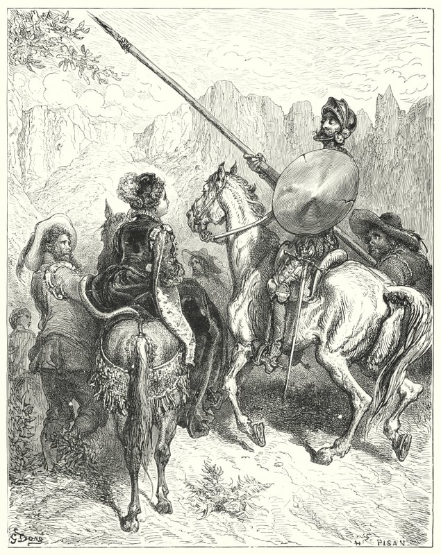 Gustave Dores Don Quixote: "さて、お嬢さん、" ドン・キホーテは言った、 "あなたの偉大さにお願いして、あなたにお仕えするために、私たちがどちらに行かなければならないか教えてください" (エングレーヴィング) 作： ギュスターヴ・ドレ