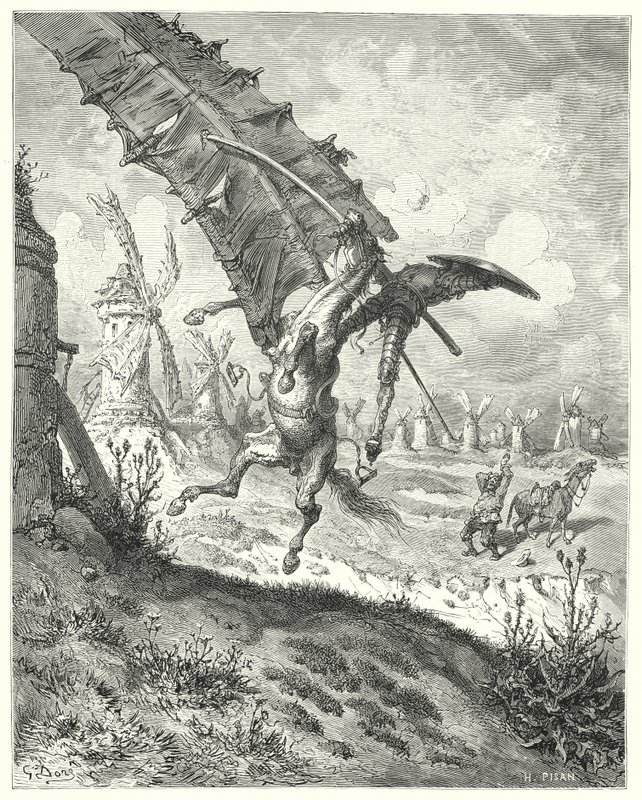 Gustave Dores Don Quixote: "The sail has hurried away both knight and horse along it" (e.g. engraving) 作： ギュスターヴ・ドレ