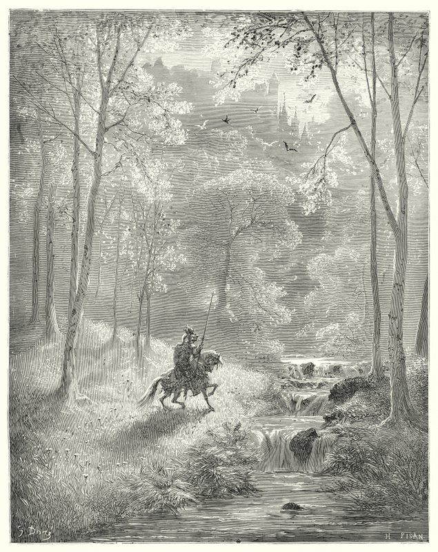 Gustave Dores Don Quixote: "彼には空がより透明に見え、太陽が倍の明るさで輝いているように見える"（エングレーヴィング 作： ギュスターヴ・ドレ