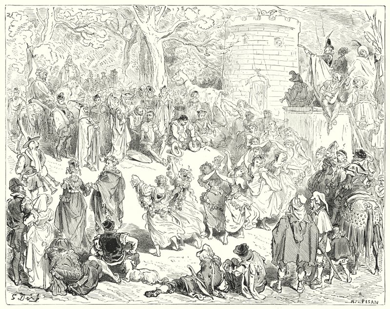 Gustave Dores Don Quixote: "彼らは敬虔な老人と母性的な女性に導かれていた"(彫刻) 作： ギュスターヴ・ドレ