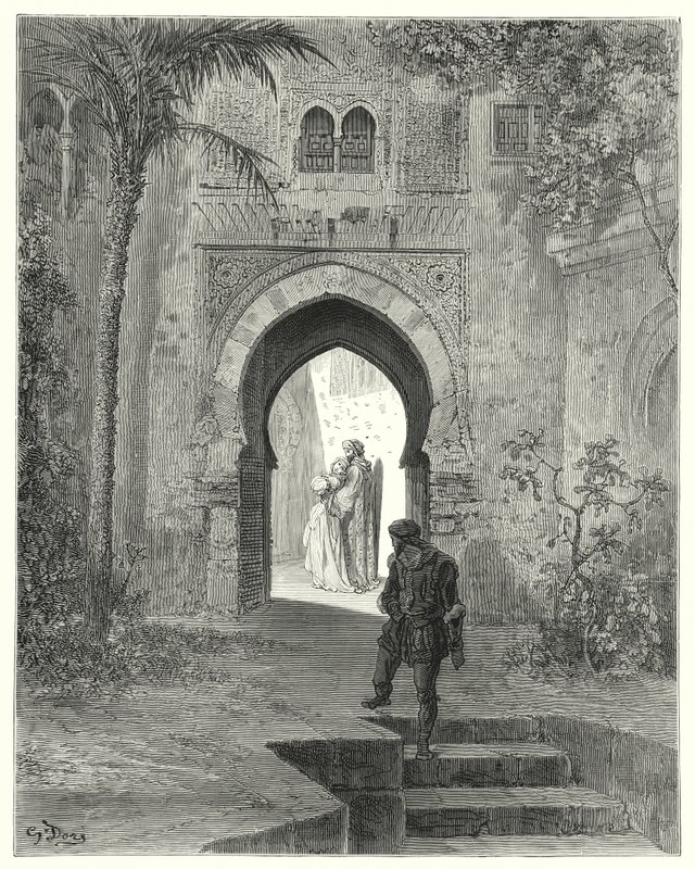 Gustave Dores Don Quixote: "Zoraida, showing trouble in the looks, went away with her father" (e.g. engraving) 作： ギュスターヴ・ドレ