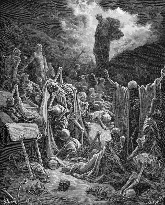 引きこもりの絵画 枯れた骨の谷の幻視、エゼキエル書 37:1-2、ドレの『聖書』より、C
