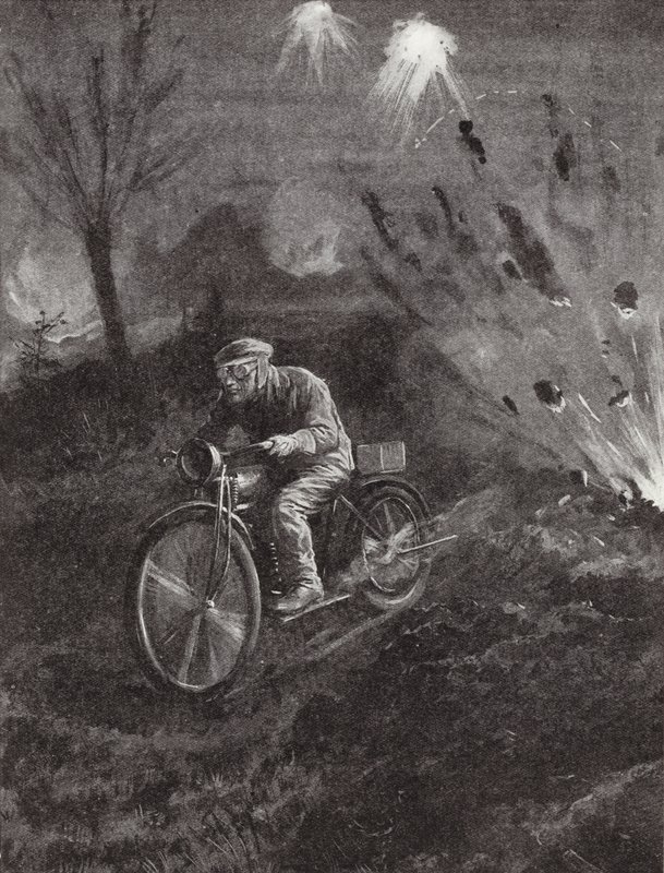 第一次世界大戦の砲火で流された道路に沿ってバイクにメッセージを載せたランス・コーポラルCCパロット 作： H.リッパーガー